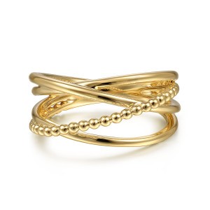 Gabriel & Co. LR51830Y4JJJ 14 karat yellow gold Bujukan ring, front view of smooth wire strands crossing at the top beside a strand of metal beads