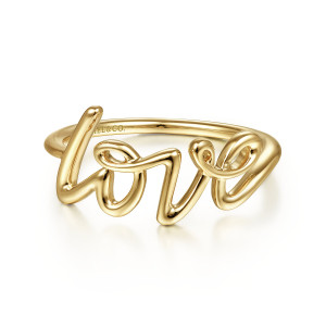 Gabriel & Co. LR51834Y4JJJ 14 karat yellow gold Contemporary ring, front view of looping cursive wire forming a word across the top of the ring