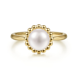 Gabriel & Co. LR51835Y4JPL 14 karat yellow gold Bujukan ring, front view of a round pearl framed by a beaded rim on a plain band