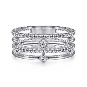 Gabriel & Co. LR51844SV5JJ sterling silver Bujukan ring, front view of bead rows and smooth wire rows with single bezel set stones scattered along them