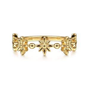 Gabriel & Co. LR51908Y4JJJ 14 karat yellow gold Stackable ring, front view of a pointed petal flower with round metal beads on each side
