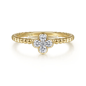 Gabriel & Co. LR51911Y45JJ 14 karat yellow gold Bujukan ring, front view of a clover of four round diamonds and a maker's mark inside the band