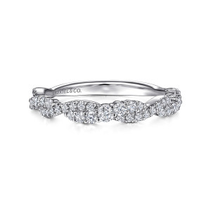 Gabriel & Co. LR51915W45JJ 14 karat white gold Stackable ring, front view of diamond strands weaving across the band with a wavy edge and a maker's mark