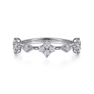 Gabriel & Co. LR51930W45JJ 14 karat white gold Stackable ring, front view of a flower shaped cluster between two lozenge plaques with milgrain edges