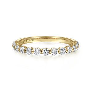 Gabriel & Co. LR51935Y45JJ 14 karat yellow gold Stackable ring, front view of round diamonds divided by tiny metal beads with a maker's mark inside
