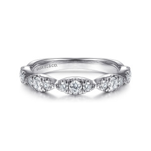 Gabriel & Co. LR51936W45JJ 14 karat white gold Stackable ring, front view of pointed oval diamond stations joined by narrow waists with a maker's mark inside