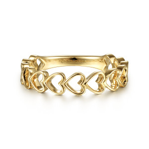 Gabriel & Co. LR51939Y4JJJ 14 karat yellow gold Stackable ring, front view of open heart outlines joined side by side with light passing through each