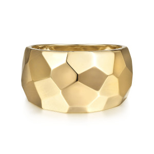 Gabriel & Co. LR51948Y4JJJ 14 karat yellow gold Contemporary ring, front view of a broad domed band cut into flat facets of uneven outline