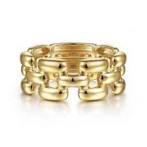 Gabriel & Co. LR51963Y4JJJ 14 karat yellow gold Contemporary ring, front view of staggered domed links with open gaps between the rows