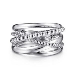 Gabriel & Co. LR51968SVJJJ sterling silver Bujukan ring, front view of beaded and smooth strands crossing at the top with gaps between them