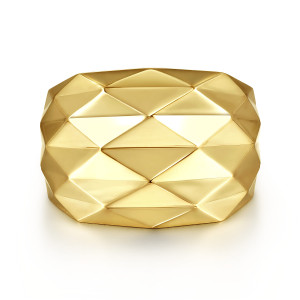 Gabriel & Co. LR51972Y4JJJ 14 karat yellow gold Contemporary ring, front view of the broad dome covered in angular diamond shaped facets