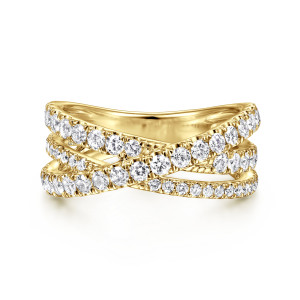 Gabriel & Co. LR51992Y45JJ 14 karat yellow gold Lusso ring, front view of diamond strands crossing over the top of the band