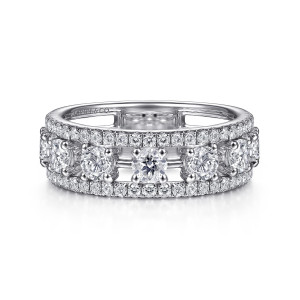Gabriel & Co. LR52000W45JJ 14 karat white gold Lusso ring, front view of larger round stones in prongs between two pave edge rows on a wide band