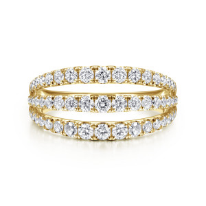 Gabriel & Co. LR52002Y45JJ 14 karat yellow gold Lusso ring, front view of three rows of round diamonds split apart with open space between them