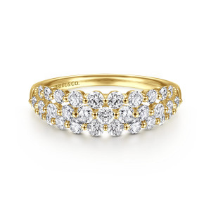 Gabriel & Co. LR52011Y45JJ 14 karat yellow gold Lusso ring, front view of staggered rows of round diamonds across a wide face, maker's mark inside
