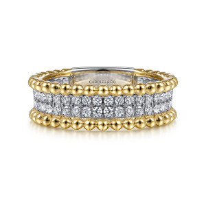 Gabriel & Co. LR52019M45JJ 14 karat white and yellow gold Bujukan ring, front view of a pave diamond field framed by polished metal bead rims