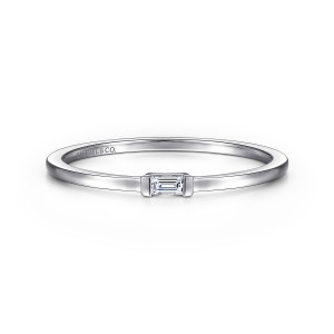 Gabriel & Co. LR52077W43JJ 14 karat white gold Stackable ring, front view of one baguette diamond between bars on a plain polished band