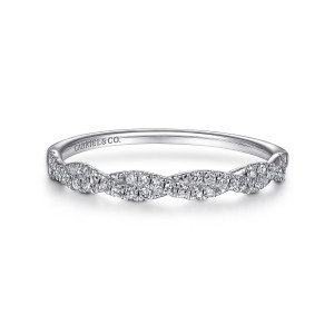 Gabriel & Co. LR52078W45JJ 14 karat white gold Lusso ring, front view of two pave diamond strands crossing over each other with a mark inside