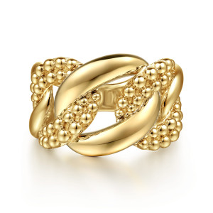 Gabriel & Co. LR52136Y4JJJ 14 karat yellow gold Bujukan ring, front view of a smooth polished link crossing over links covered in metal beads
