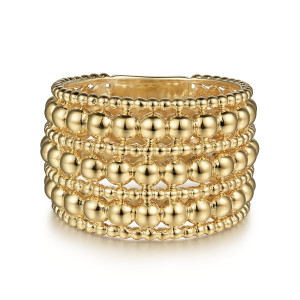 Gabriel & Co. LR52146Y4JJJ 14 karat yellow gold Bujukan ring, front view of round bead rows alternating with fine beaded wire and open gaps between