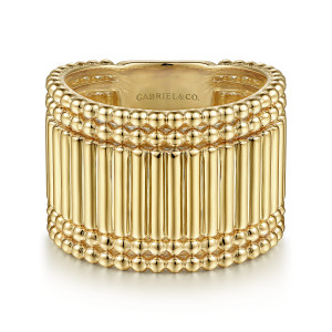 Gabriel & Co. LR52152Y4JJJ 14 karat yellow gold Bujukan ring, front view of a ridged bar panel between doubled bead rails and a maker's mark