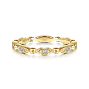 Gabriel & Co. LR52157Y45JJ 14 karat yellow gold Bujukan ring, front view of milgrain edged pointed links, each with a round diamond, between metal beads