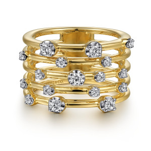 Gabriel & Co. LR52179Y45JJ 14 karat yellow gold Contemporary ring, front view of strands with round diamonds in prongs and lighter toned heads