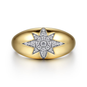 Gabriel & Co. LR52181Y45JJ 14 karat yellow gold Contemporary ring, top view of the pave star burst set into a smooth polished dome
