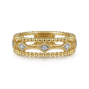 Gabriel & Co. LR52198Y45JJ 14 karat yellow gold Bujukan ring, front view of two bead rails framing lozenge plates that each hold a round stone