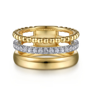 Gabriel & Co. LR52203M45JJ 14 karat white and yellow gold Bujukan ring, front view of a smooth domed row, a diamond row in prongs and a row of metal beads