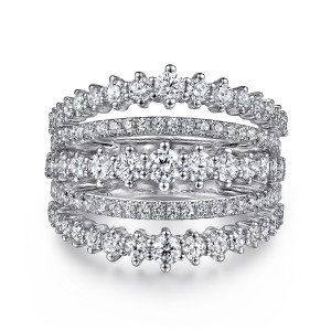 Gabriel & Co. LR52207W84JJ 18 karat white gold Lusso ring, top view of five rows with pave rows between prong set rows peaking at the middle
