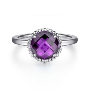 Gabriel & Co. LR52227SVJAM sterling silver Bujukan ring, front view of the checkerboard faceted purple top inside its rim of metal beads