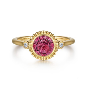 Gabriel & Co. LR52242Y45PT 14 karat yellow gold Bujukan ring, front view of the pink round stone in a beaded rim between two bezel set diamonds