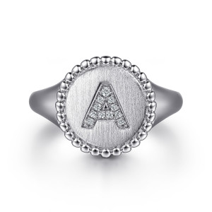 Gabriel & Co. LR52254A-SV5JJ sterling silver Bujukan ring, front view of the letter A in pave diamonds on a brushed round face