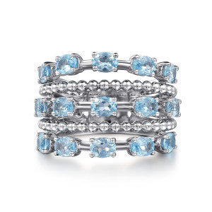 Gabriel & Co. LR52330SVJBT sterling silver Bujukan ring, front view of rows of light blue oval stones divided by rows of metal beads