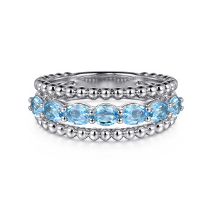 Gabriel & Co. LR52331SVJBT sterling silver Bujukan ring, front view of light blue oval stones in prongs between metal bead strands
