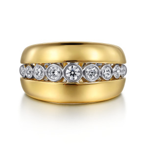 Gabriel & Co. LR52369M45JJ 14 karat white and yellow gold Contemporary ring, front view of graduated bezel stones in a channel between two polished domes