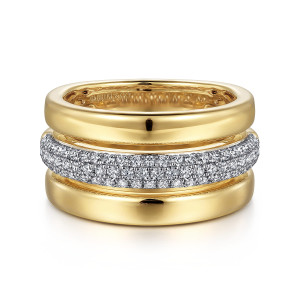 Gabriel & Co. LR52370Y45JJ 14 karat yellow gold Contemporary ring, front view of the pave diamond strip held between two broad polished strands