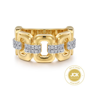 Gabriel & Co. LR52373Y45JJ 14 karat yellow gold Contemporary ring, front view of glossy rounded links with open centers joined by diamond pads