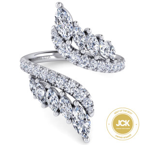 Gabriel & Co. LR52393W84JJ 18 karat white gold Lusso ring, top view of marquise diamond sprays at both ends beside curved rows of round diamonds