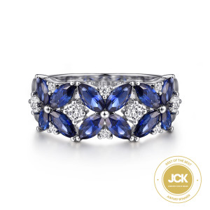 Gabriel & Co. LR52407W45SA 14 karat white gold Color ring, front view of flower shaped clusters of blue marquise stones with round diamonds between them