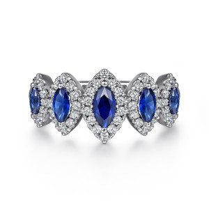 Gabriel & Co. LR52411W45SA 14 karat white gold Color ring, front view of the blue marquise stones each inside a pointed oval diamond frame