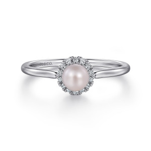 Gabriel & Co. LR52419W45PL 14 karat white gold Contemporary ring, front view of the pearl inside its ring of tiny diamonds with a maker's mark on the band