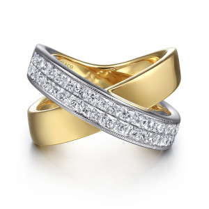 Gabriel & Co. LR52464M44JJ 14 karat white and yellow gold Contemporary ring, front view of two rows of square diamonds crossing a broad polished strand