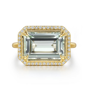 Gabriel & Co. LR52481Y45GA 14 karat yellow gold Color ring, top view of a pale green step cut stone in claw prongs inside a frame of round diamonds