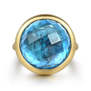 Gabriel & Co. LR52489Y4JBT 14 karat yellow gold Color ring, top view of the round blue checkerboard faceted dome inside a smooth bezel