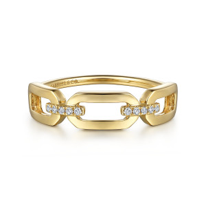 Gabriel & Co. LR52499Y45JJ 14 karat yellow gold Contemporary ring, front view of open rectangular links joined by two bars of round diamonds