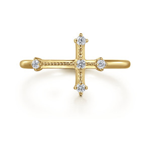 Gabriel & Co. LR52501Y45JJ 14 karat yellow gold Victorian ring, front view of the cross with a diamond at each arm tip and at the crossing