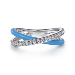 Gabriel & Co. LR52504E5SVJWS sterling silver Contemporary ring, front view of two crossing strands, one stone set and one blue enamel