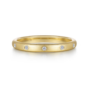 Gabriel & Co. LR52508Y45JJ 14 karat yellow gold Stackable ring, front view of a brushed band with round stones set level in the surface
